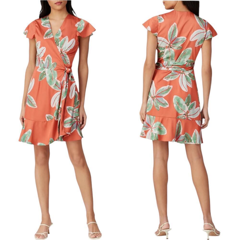 Hutch Womens Britton Wrap Mini Dress Orange Floral Tie Stretch Lined Tropical M